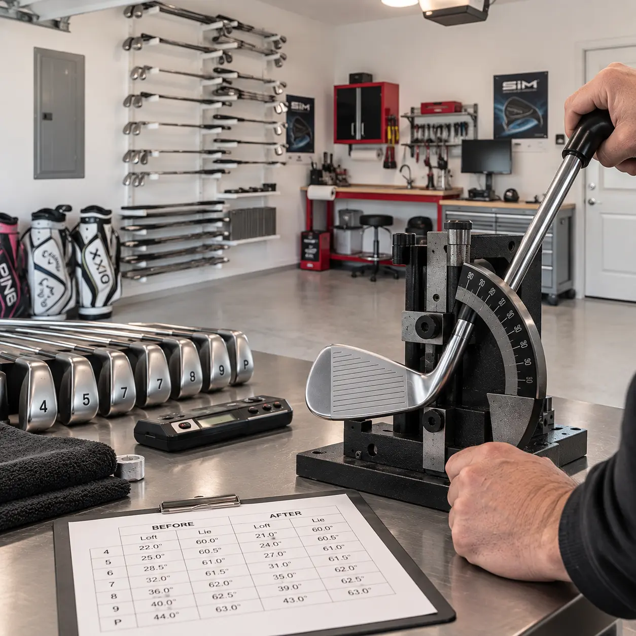 Golf iron loft and lie adjustment at the Blades Golf Repair bench in Dallas
